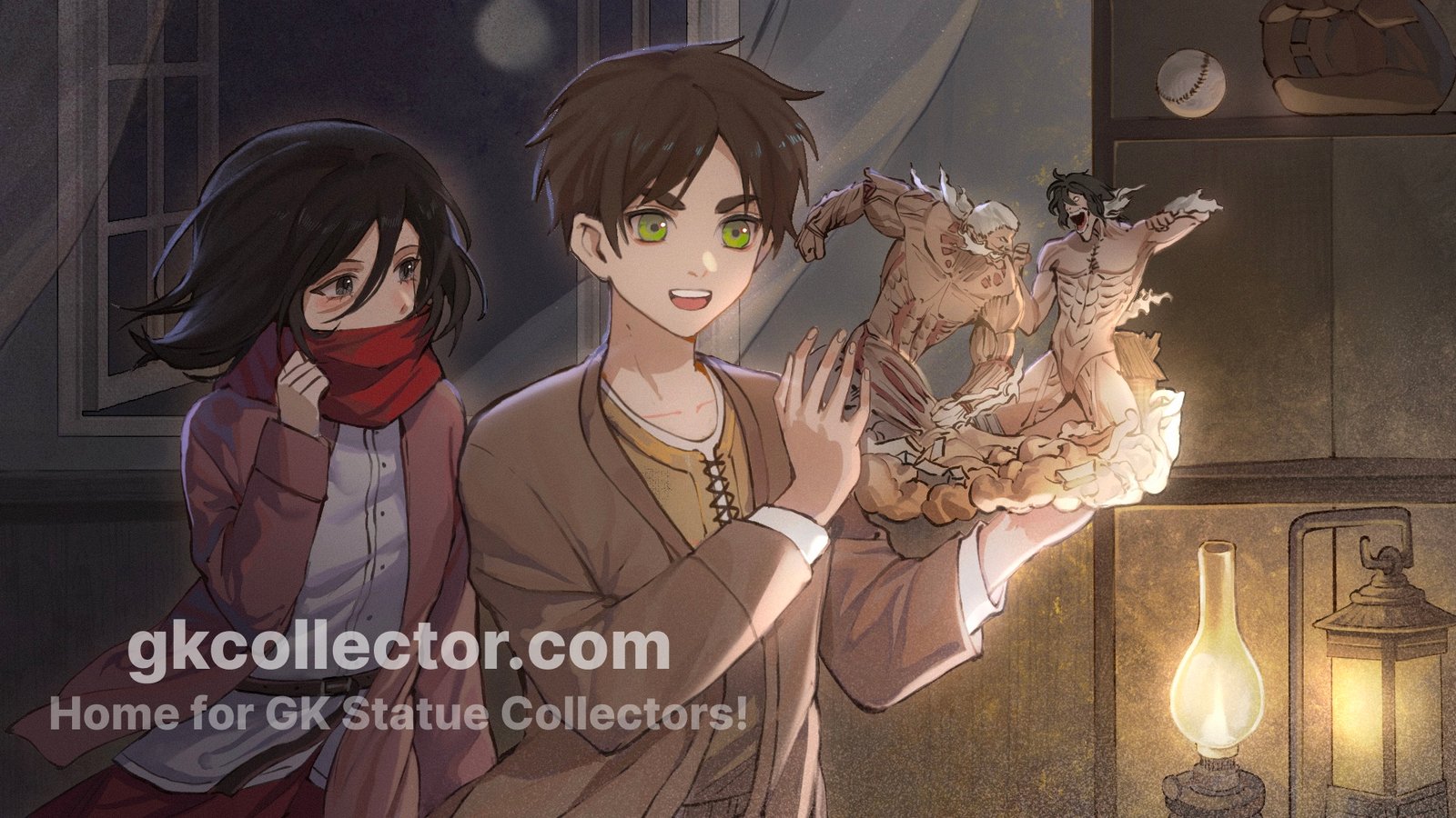 This is an imaginary scene from Attack on Titan: young Eren Yeager joyfully places a GK statue onto his shelf, which vividly portrays the epic fight between the Attack Titan (Eren Titan) and the Armored Titan (Reiner Braun). Meanwhile, young Mikasa Ackerman gazes at him, enthralled by his indulgence in GK statue collection, cherishing these precious moments in their shared journey of life.